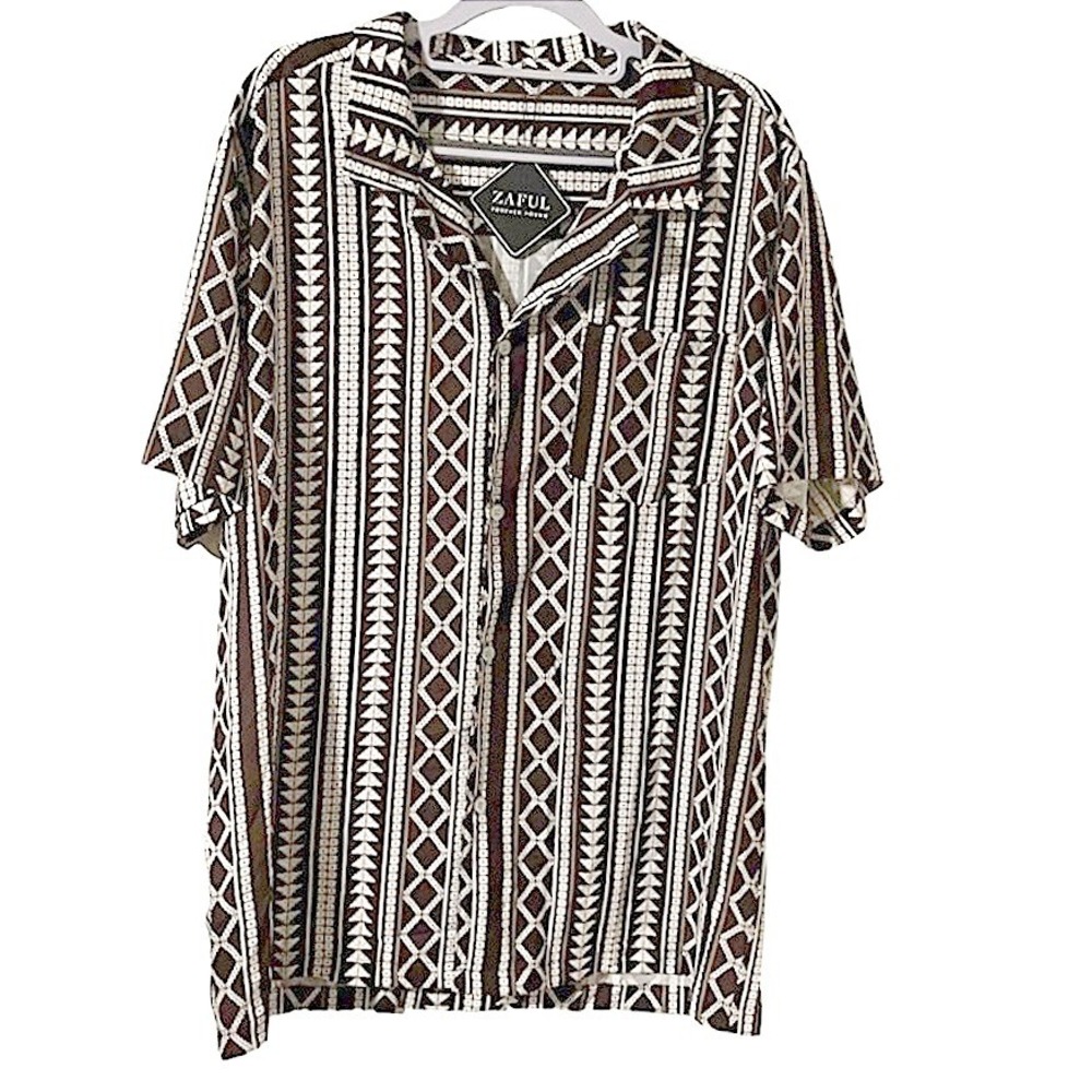 Zaful Tribal print Button‎ Down size Large Brown Cream short sleeve NWT